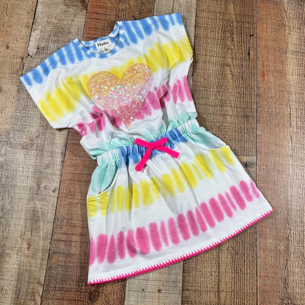 Hatley Girls Tie Dye Dress Rainbow Sequin Heart Elastic Waist Summer Pink Size 6